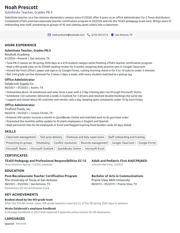 Career Change Substitute Teacher resume example