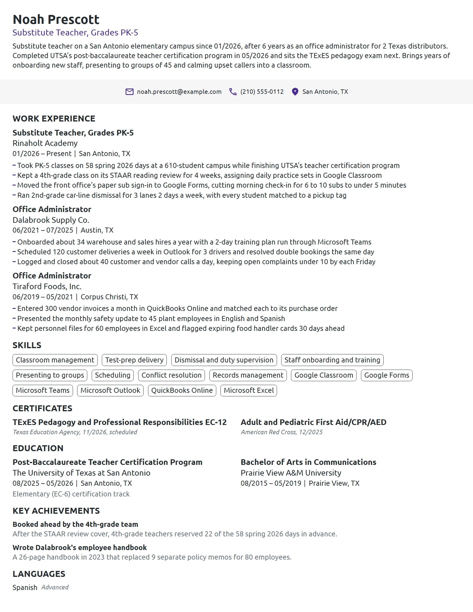 Career Change Substitute Teacher resume example