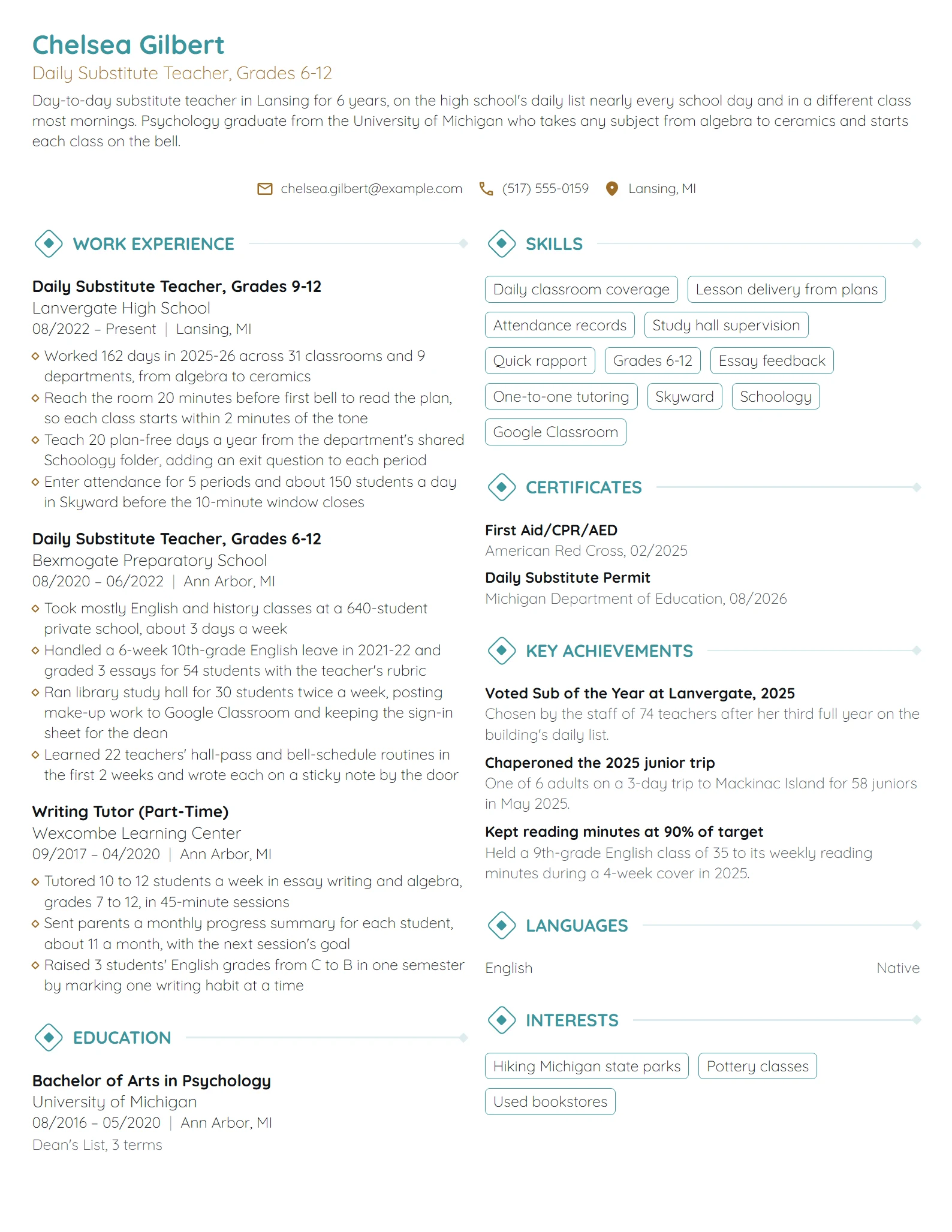 Daily Substitute Teacher resume example