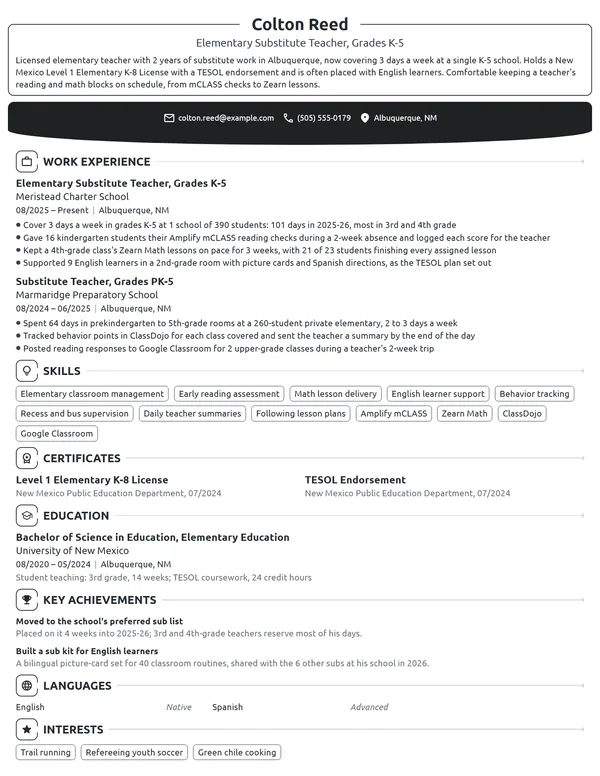 Elementary Substitute Teacher resume example