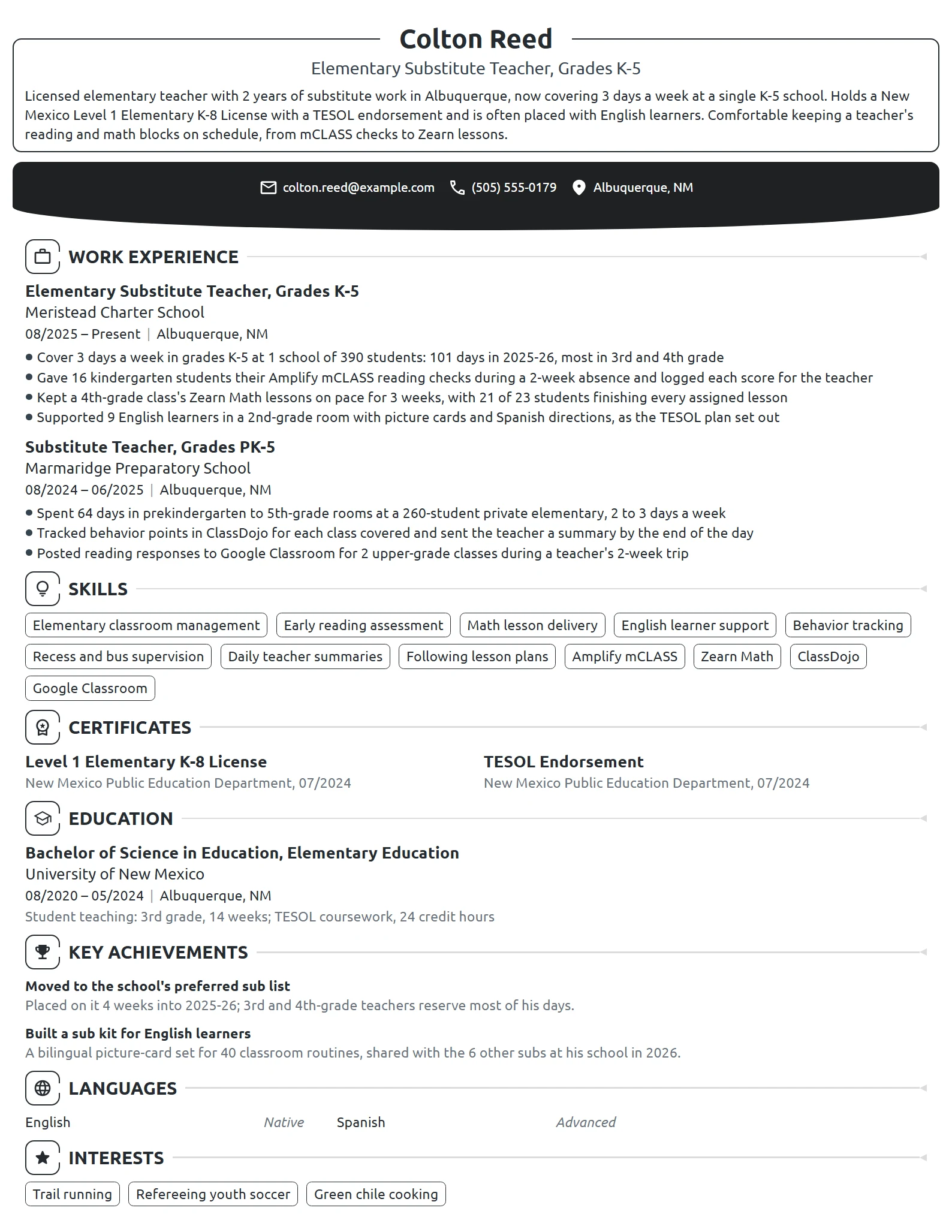 Elementary Substitute Teacher resume example