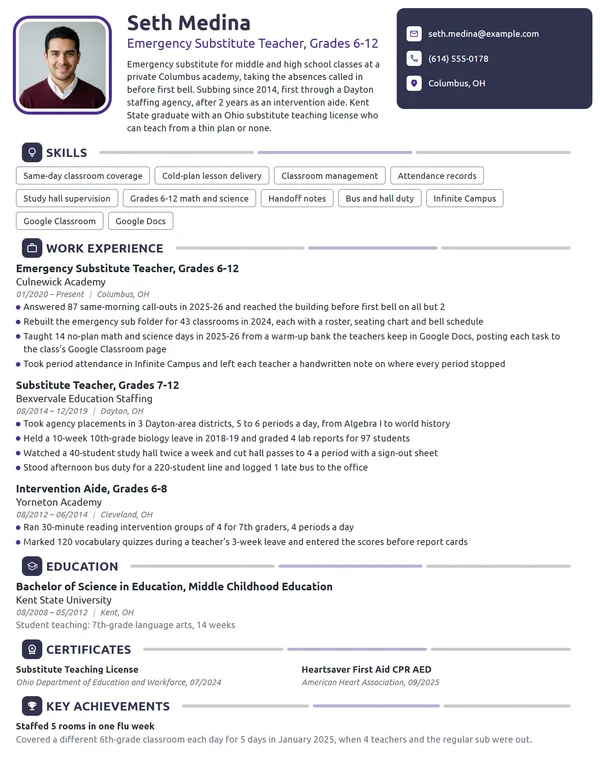 Emergency Substitute Teacher resume example