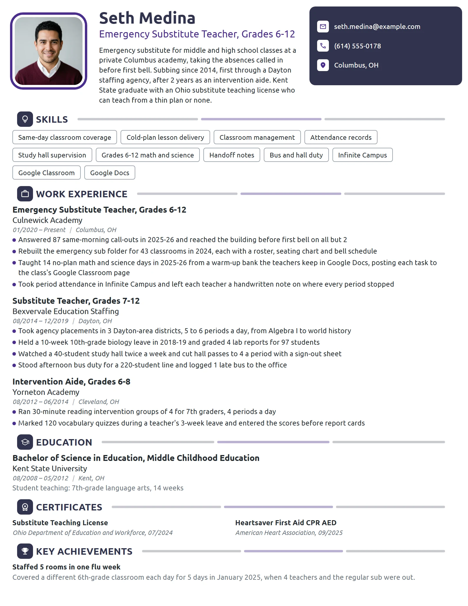 Emergency Substitute Teacher resume example