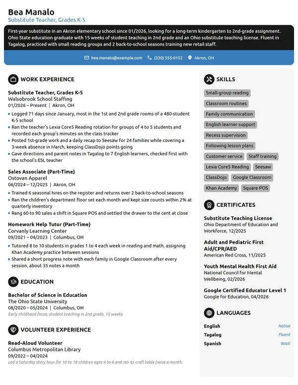 Entry-Level Substitute Teacher resume example