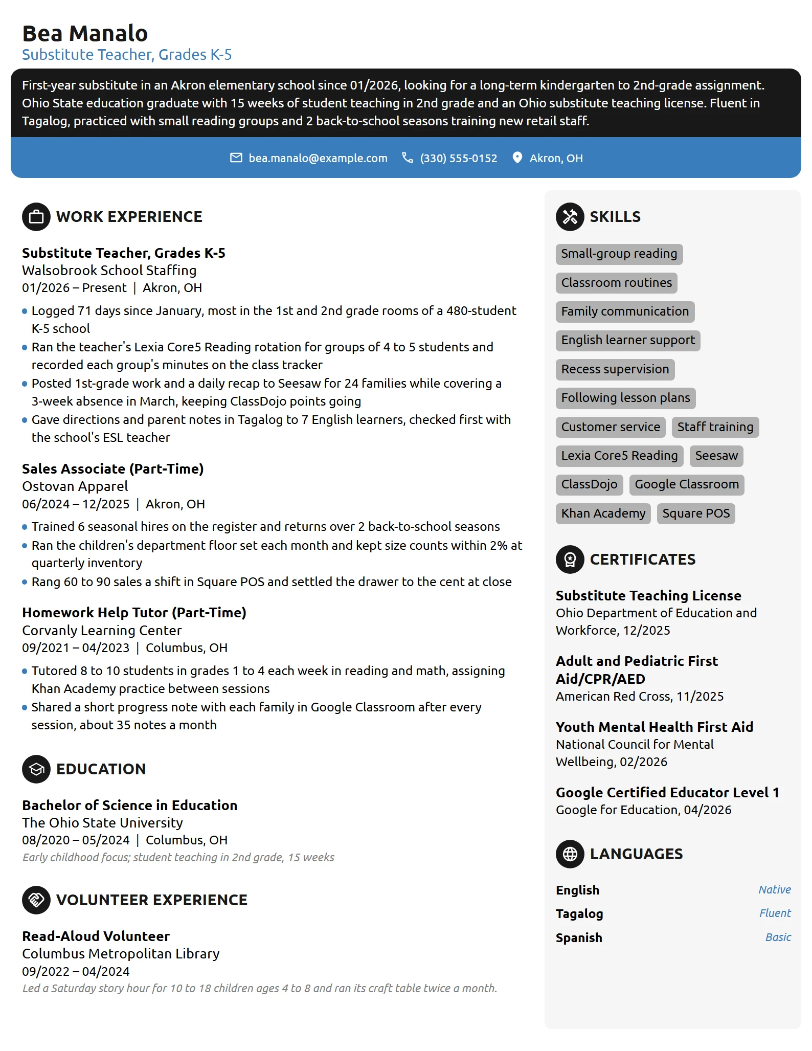 Entry-Level Substitute Teacher resume example