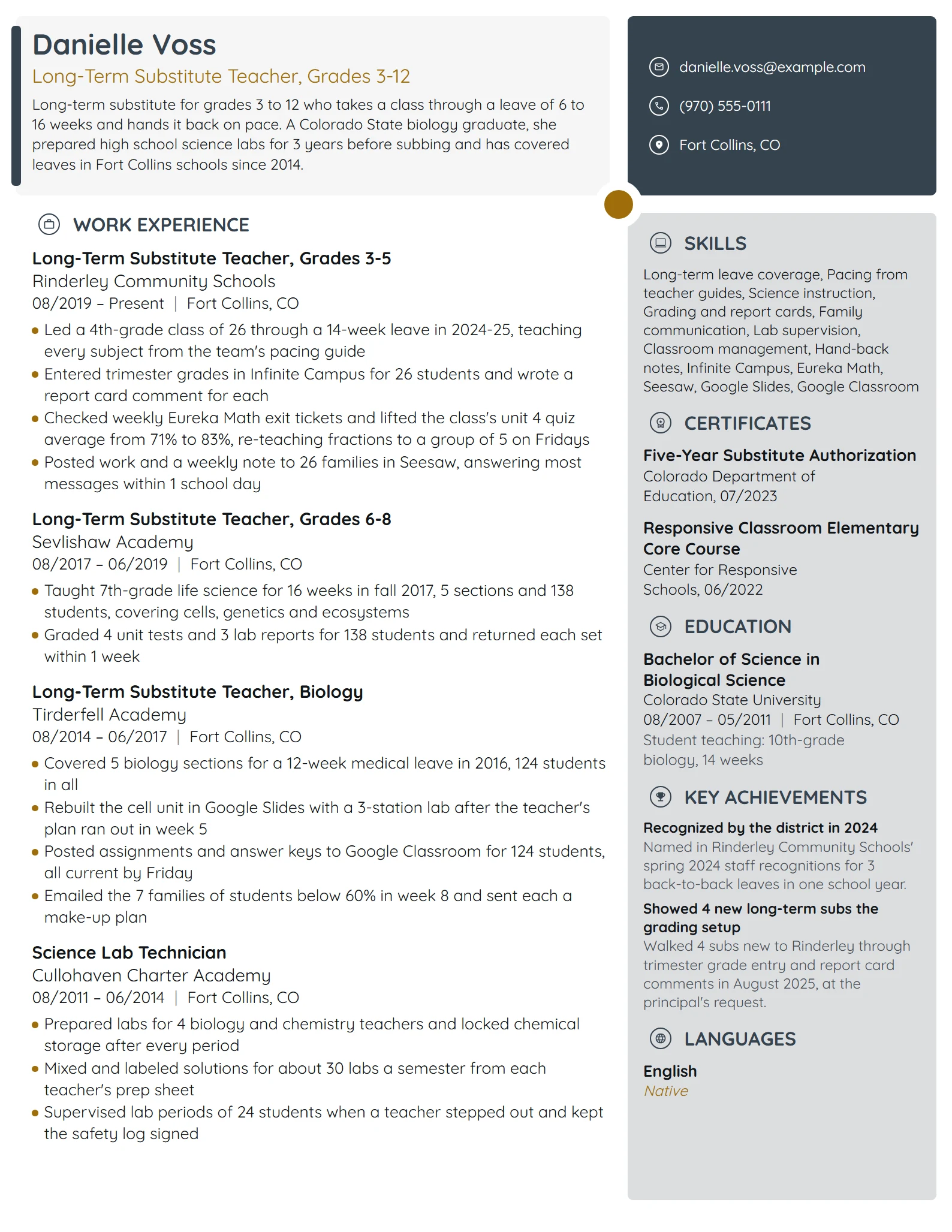 Long-Term Substitute Teacher resume example