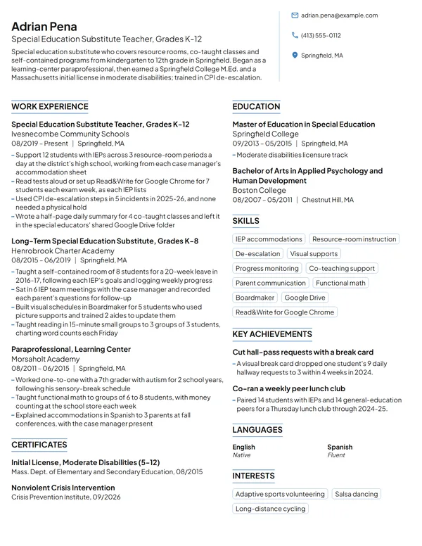 Special Education Substitute Teacher resume example