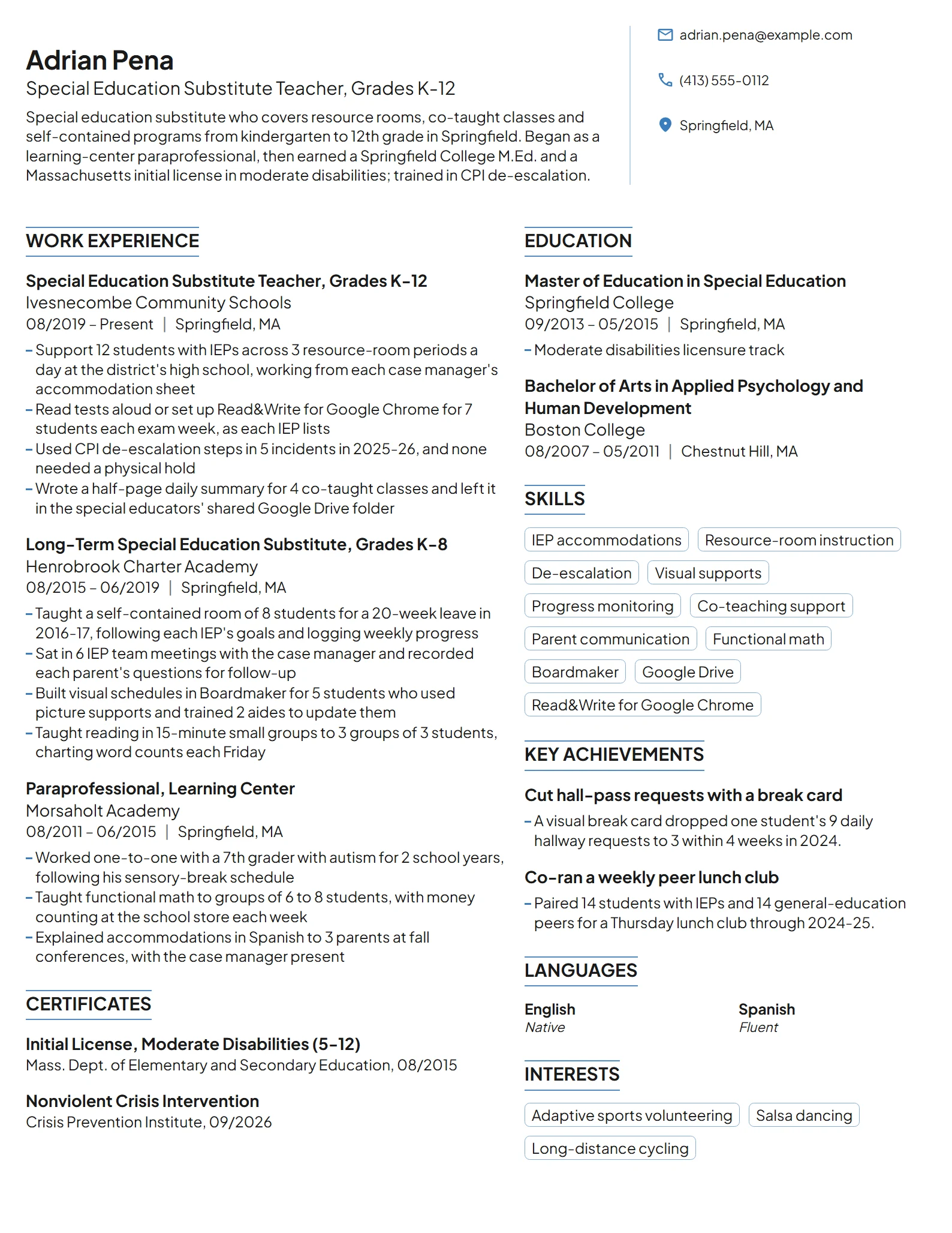 Special Education Substitute Teacher resume example