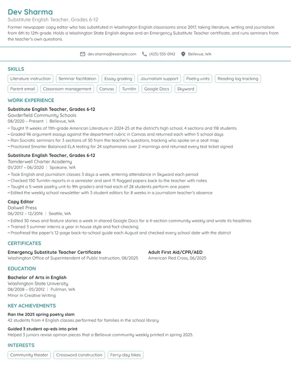 Substitute English Teacher resume example