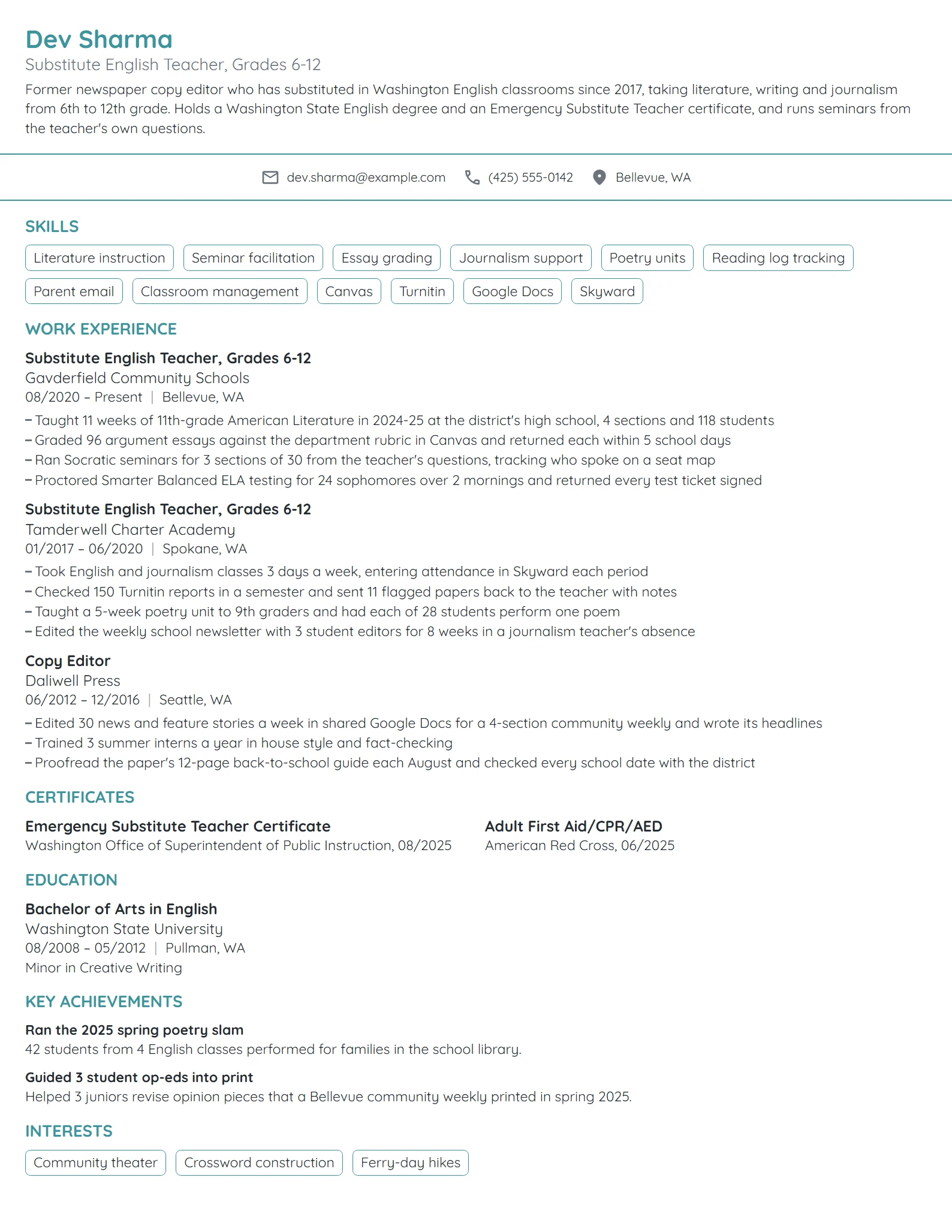 Substitute English Teacher resume example