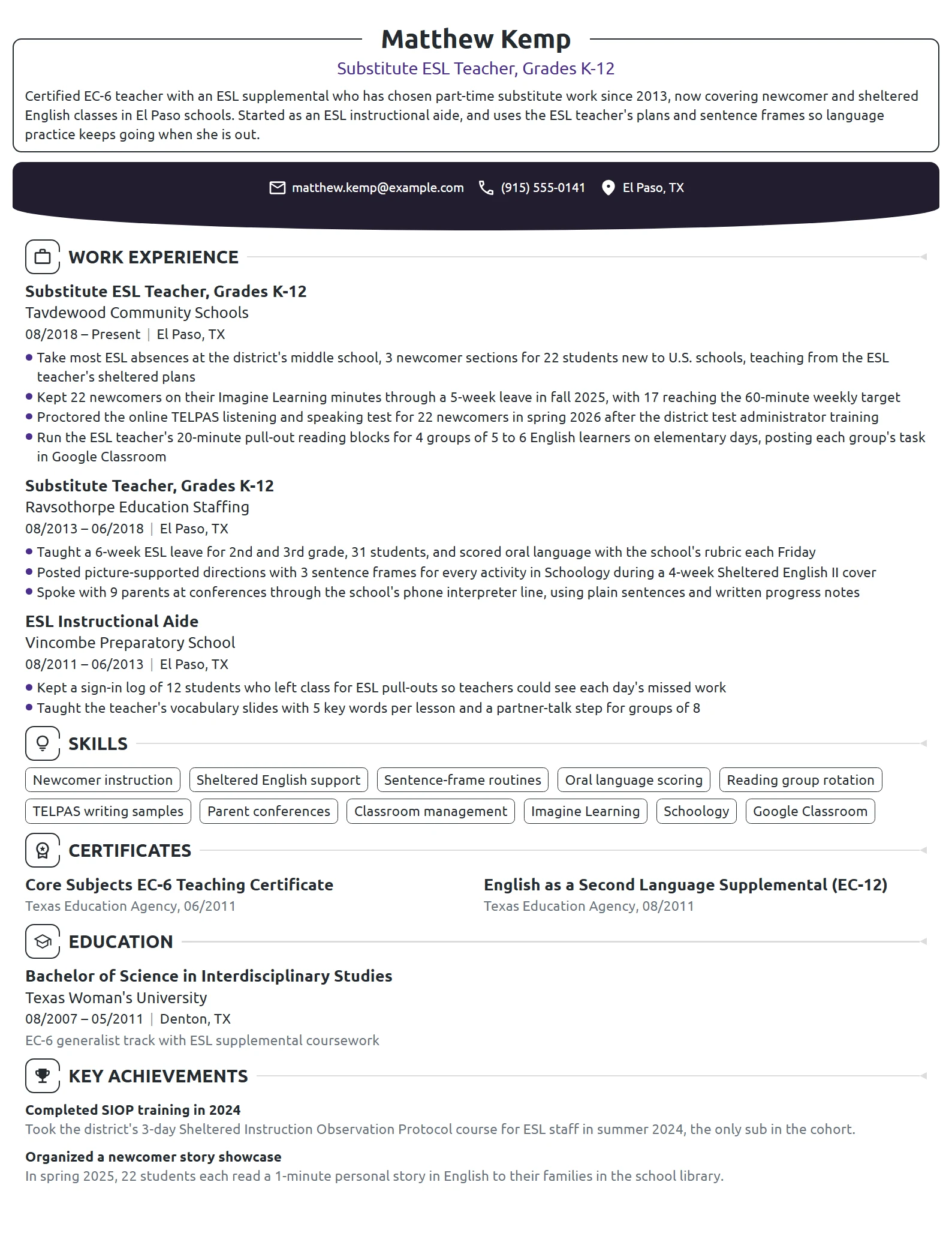 Substitute ESL Teacher resume example