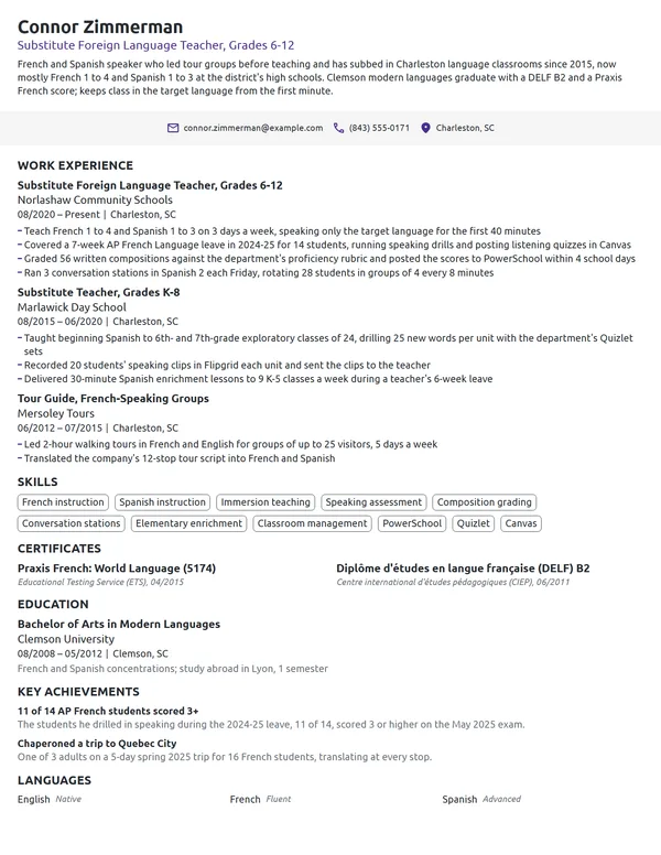 Substitute Foreign Language Teacher resume example