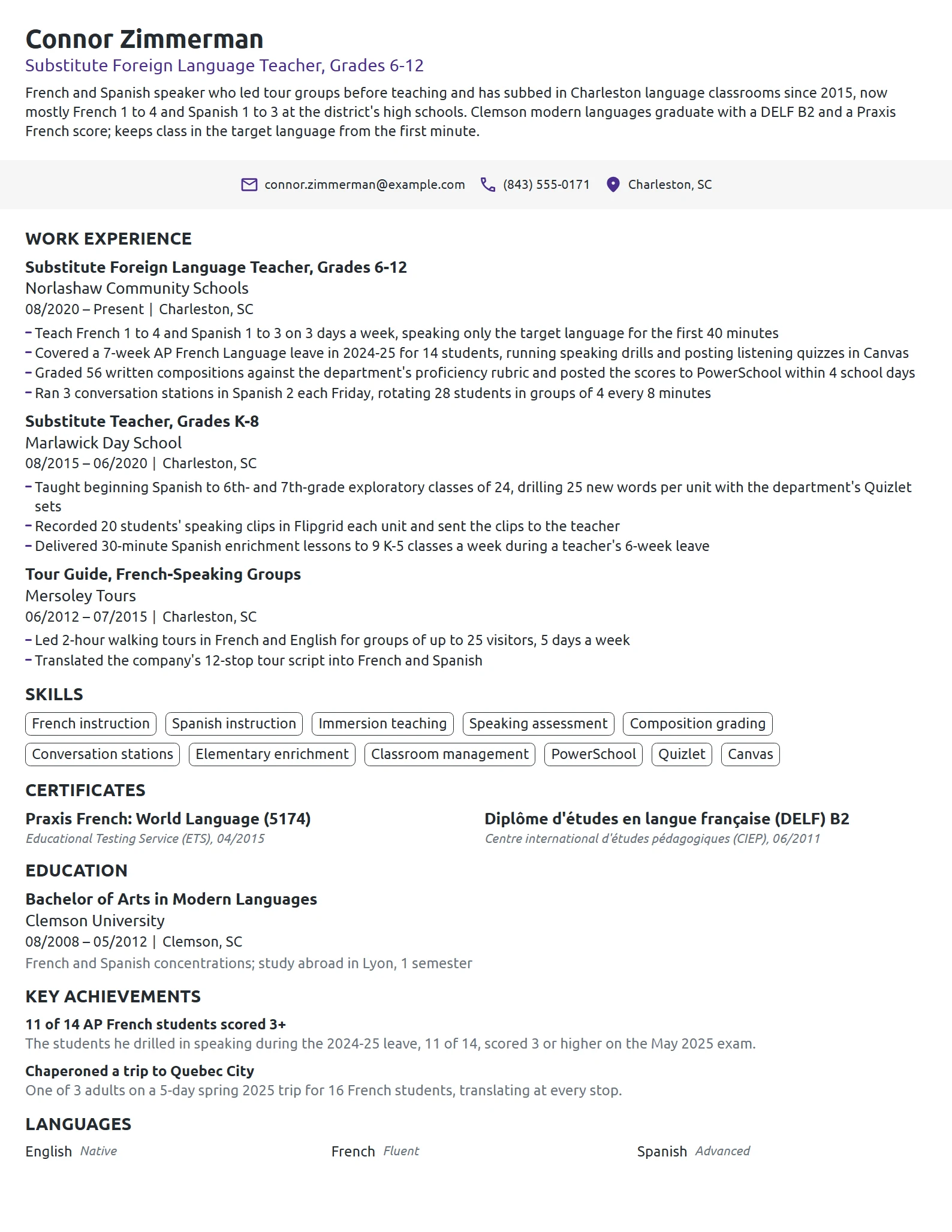 Substitute Foreign Language Teacher resume example