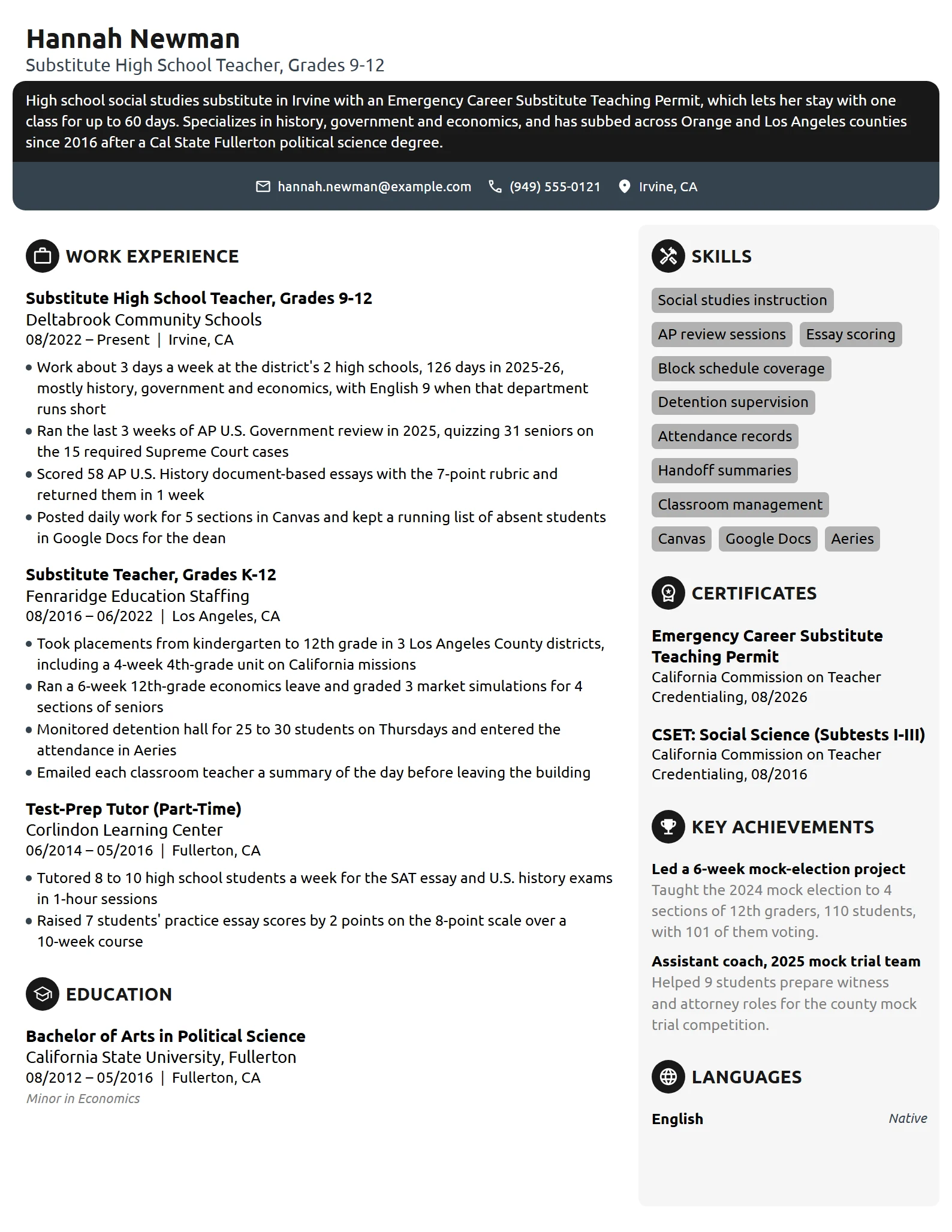 Substitute High School Teacher resume example