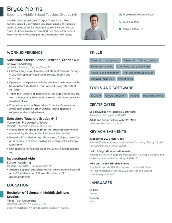 Substitute Middle School Teacher resume example