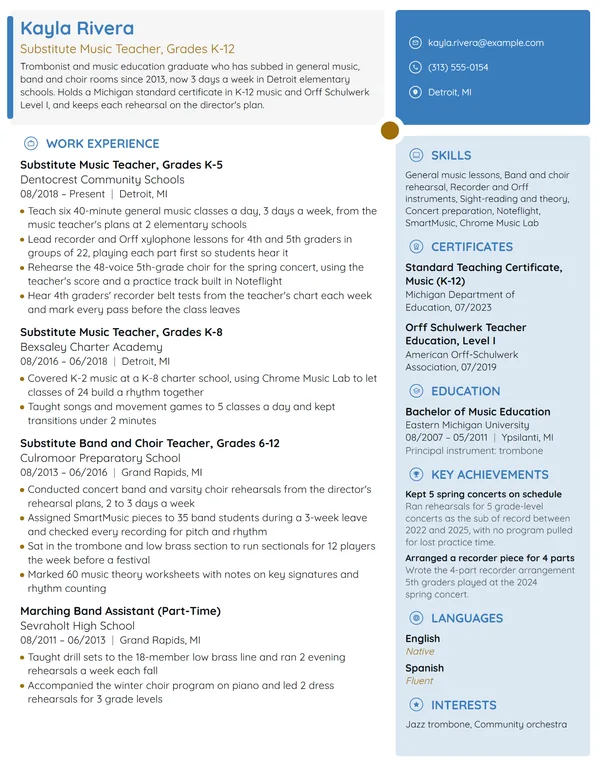 Substitute Music Teacher resume example