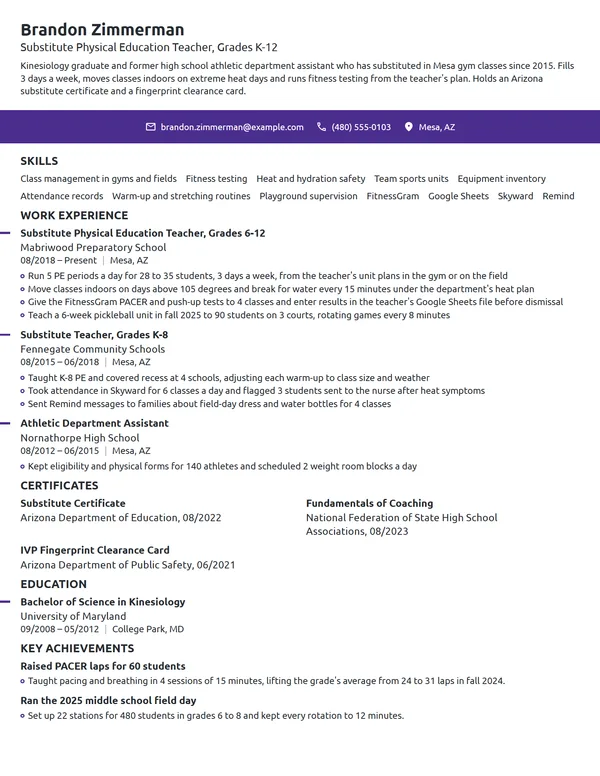 Substitute Physical Education Teacher resume example