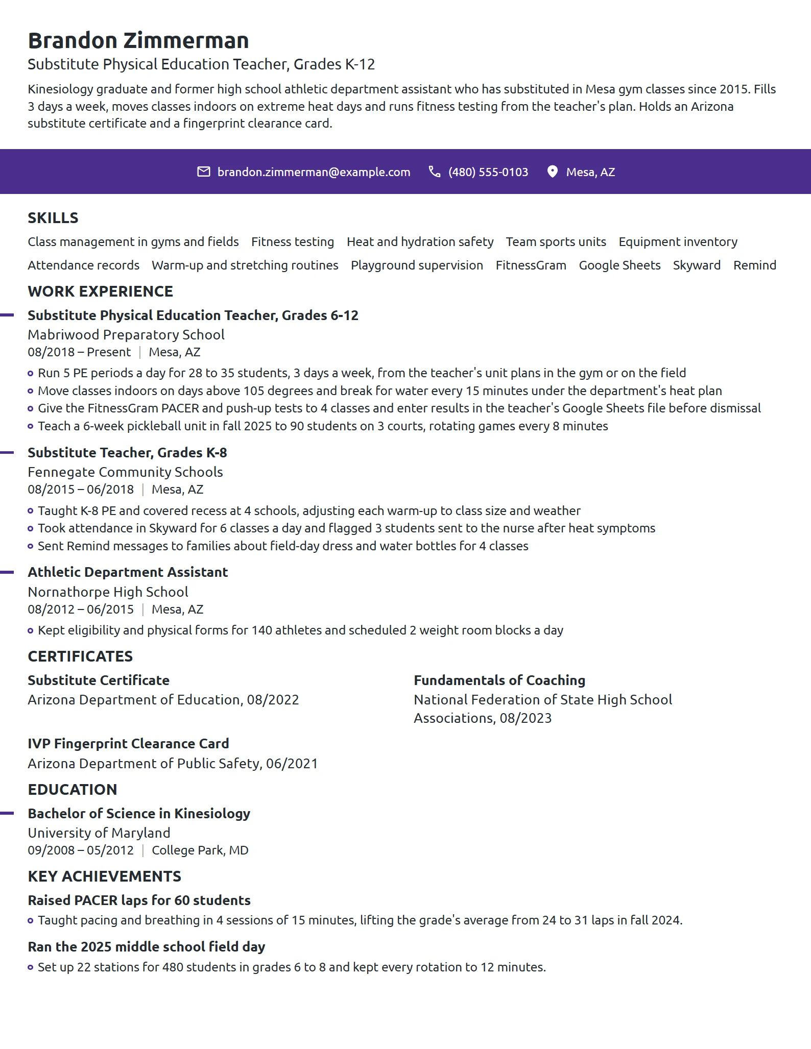 Substitute Physical Education Teacher resume example