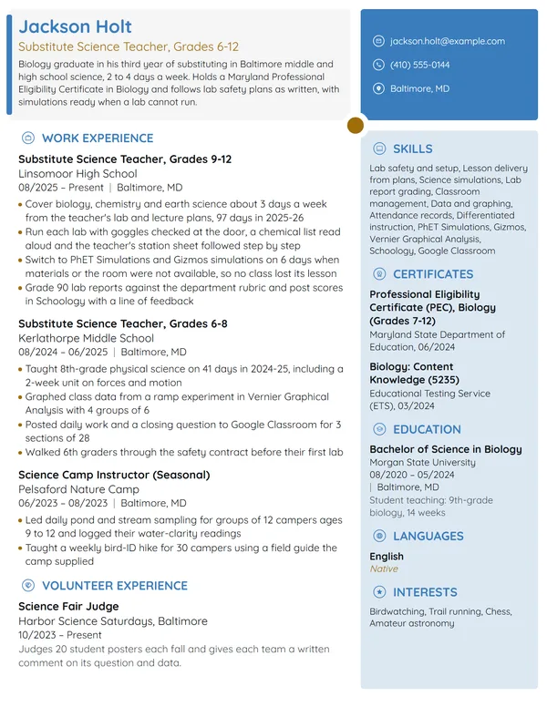 Substitute Science Teacher resume example