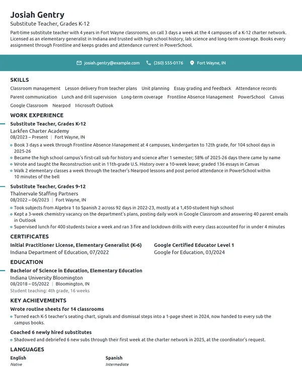 Substitute Teacher resume example