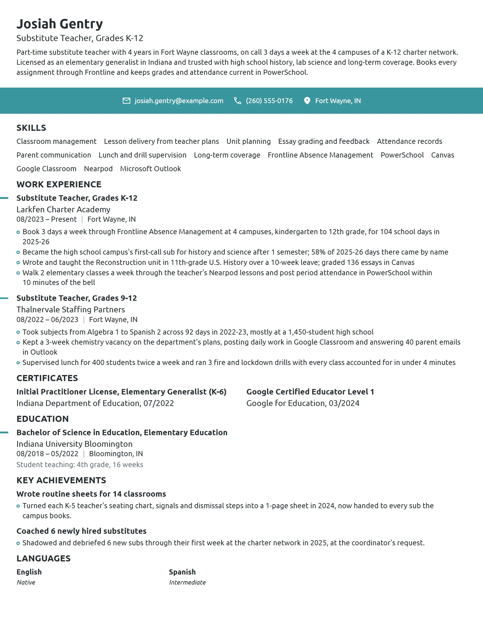 Substitute Teacher resume example