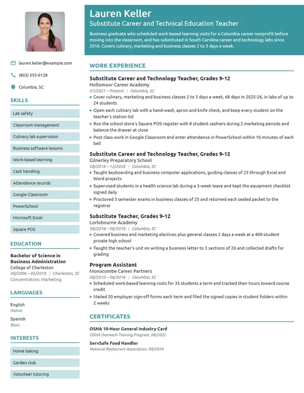 Substitute Vocational Education Teacher resume example