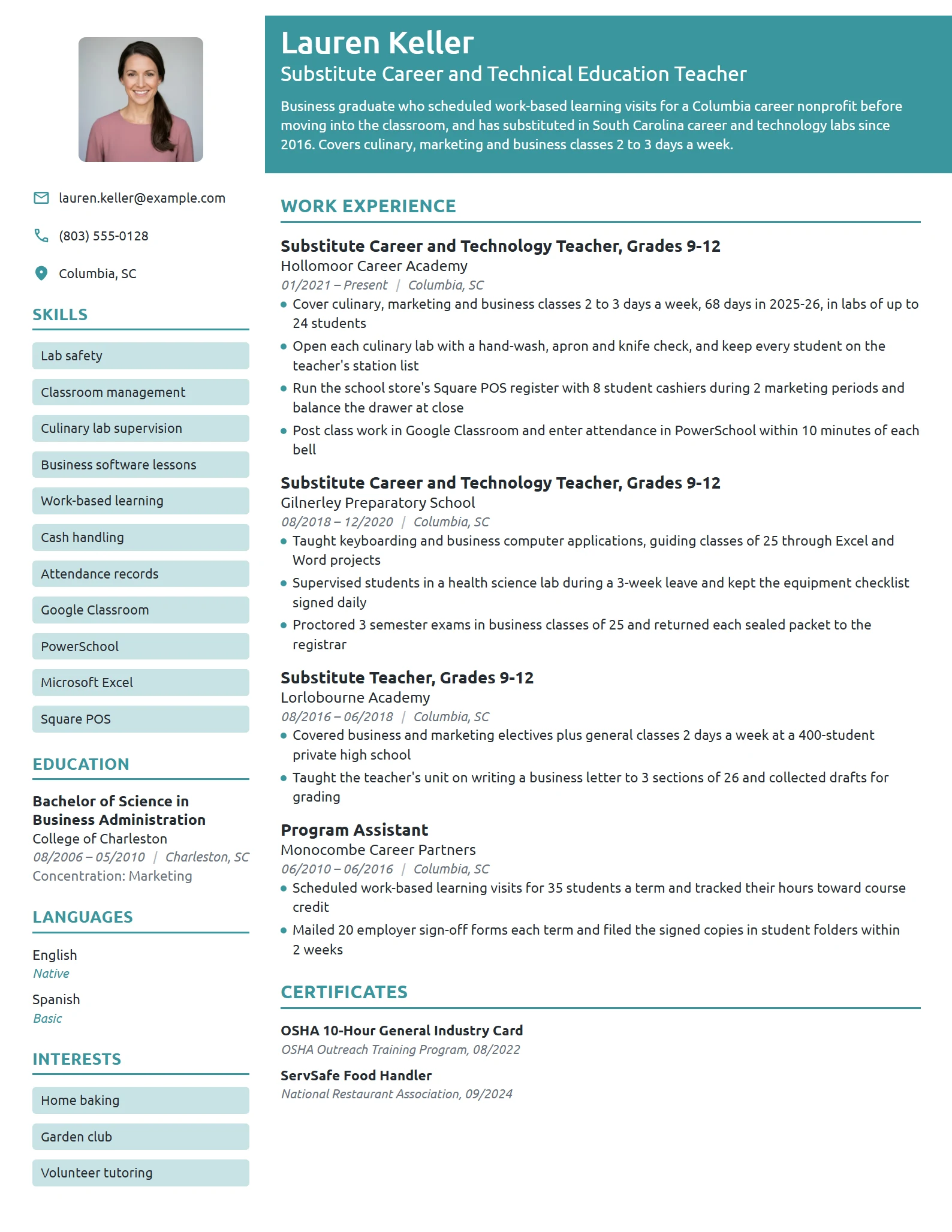 Substitute Vocational Education Teacher resume example