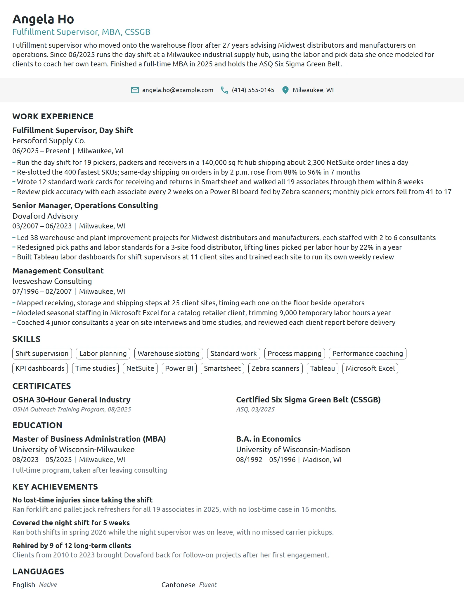 Career Change Supervisor resume example
