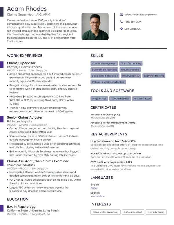 Claims Supervisor resume example