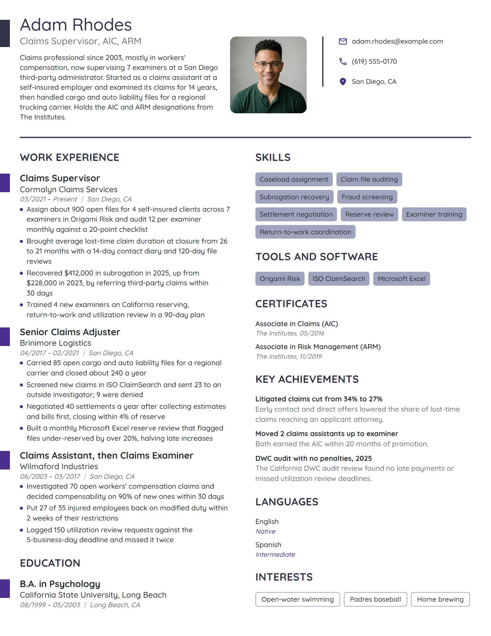 Claims Supervisor resume example