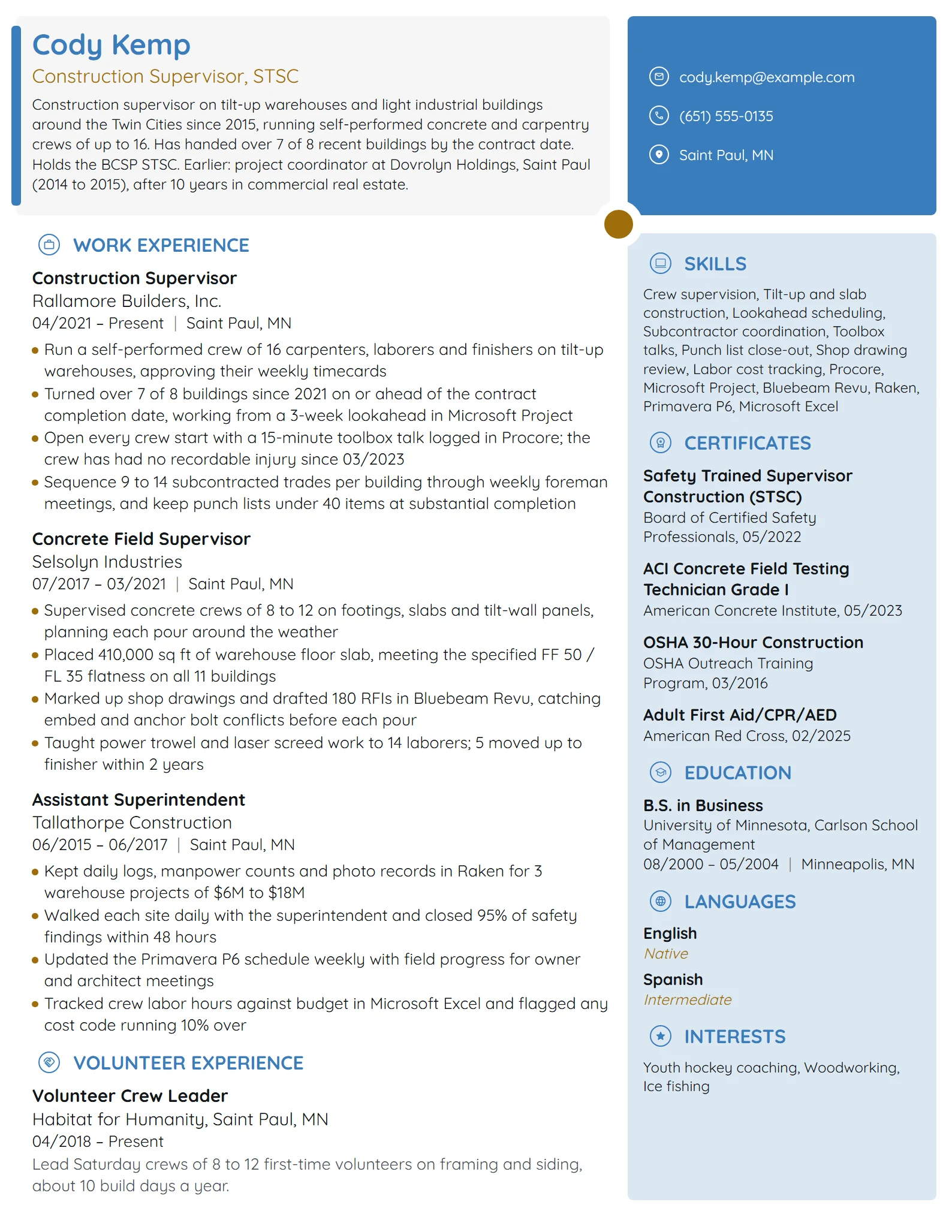 Construction Supervisor resume example