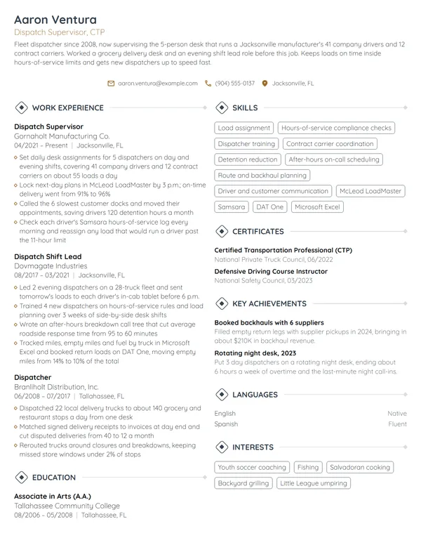 Dispatch Supervisor resume example