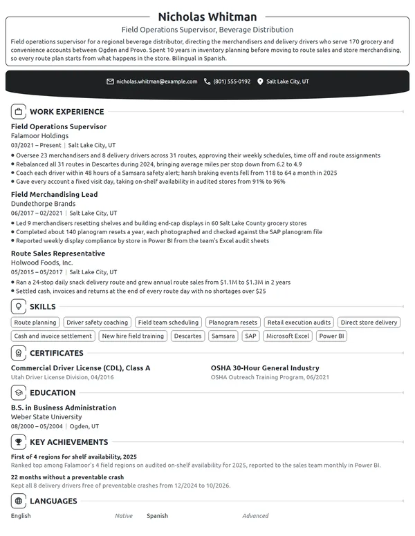 Field Operations Supervisor resume example