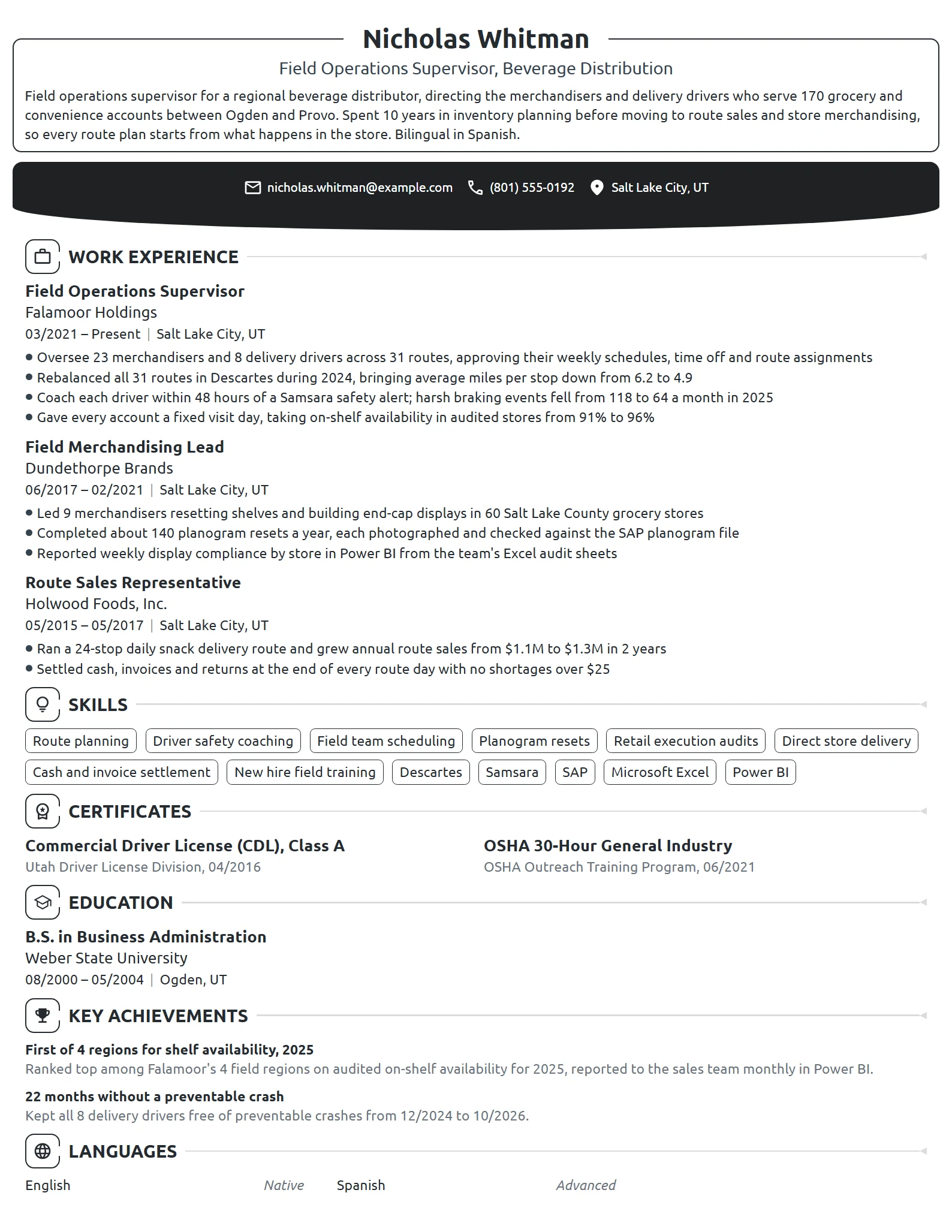 Field Operations Supervisor resume example