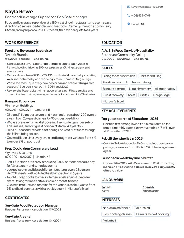Food and Beverage Supervisor resume example