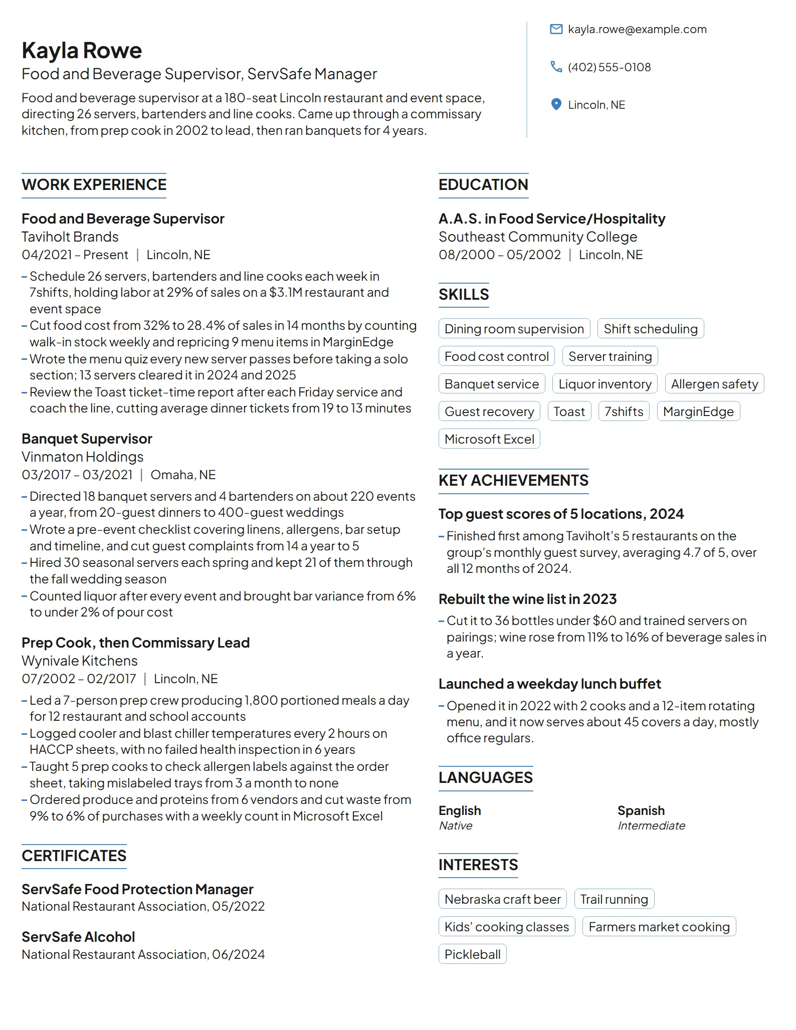 Food and Beverage Supervisor resume example