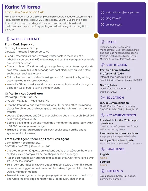 Front Desk Supervisor resume example