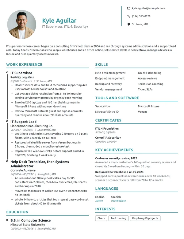 IT Supervisor resume example