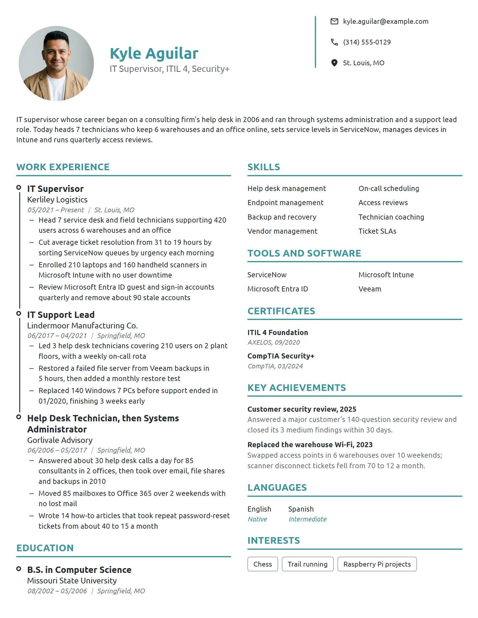 IT Supervisor resume example