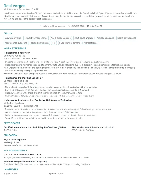 Maintenance Supervisor resume example