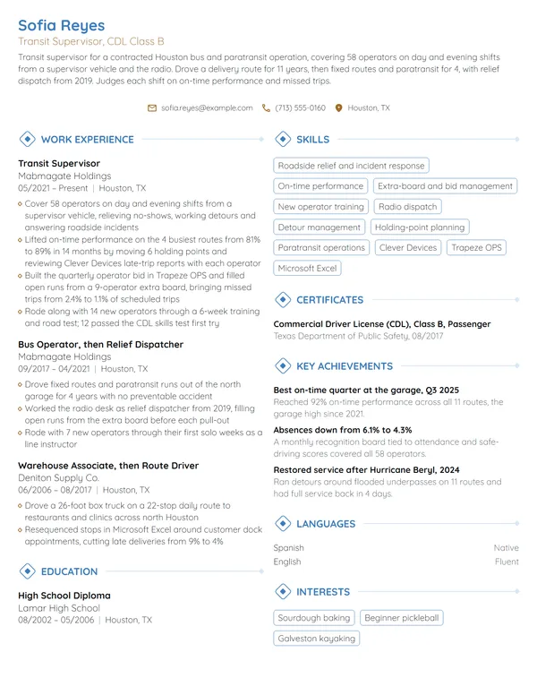 Transit Supervisor resume example