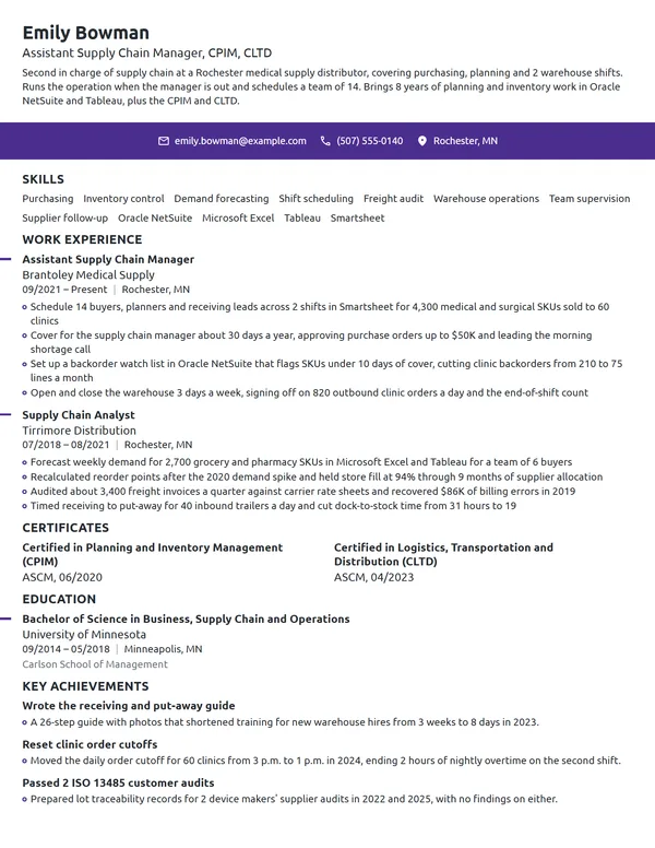 Assistant Supply Chain Manager resume example