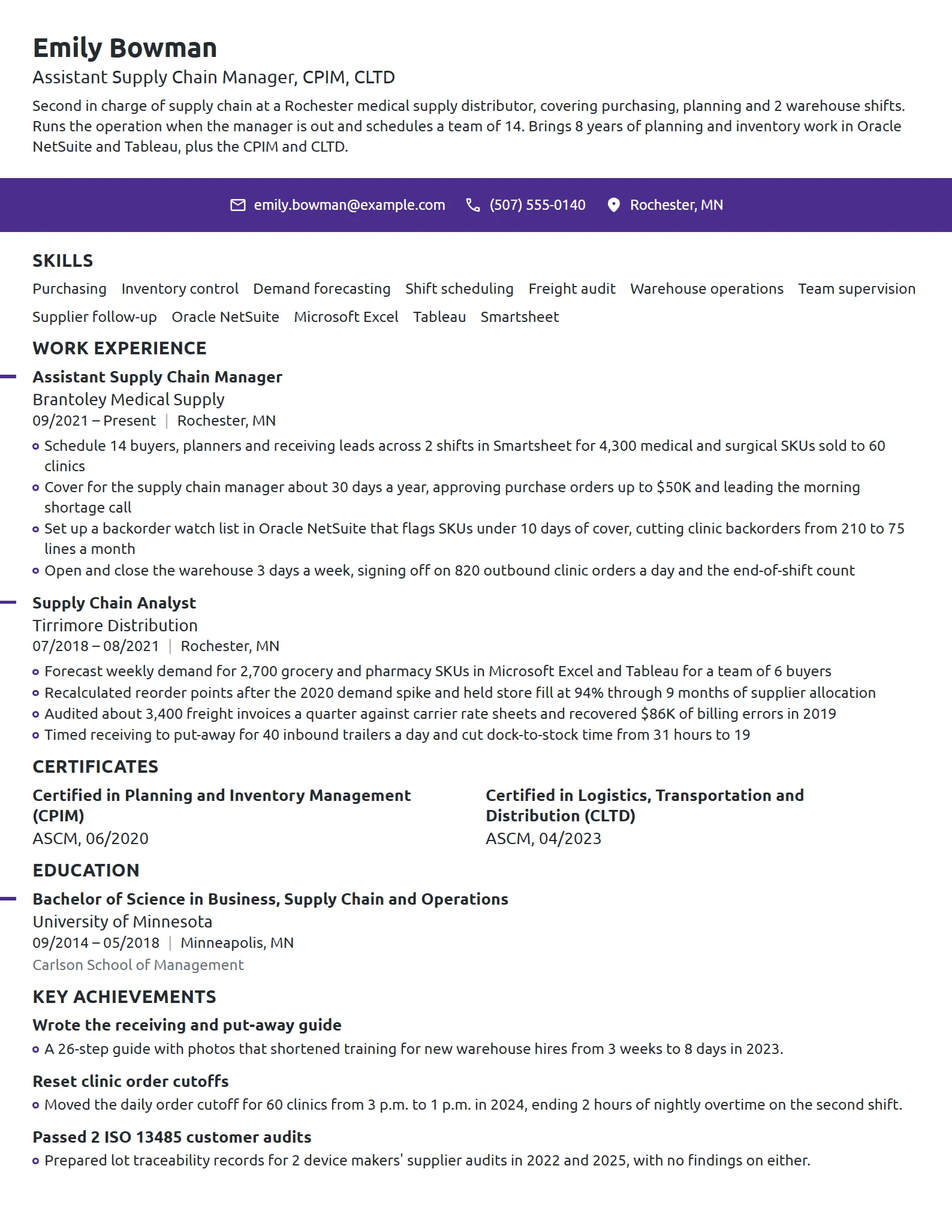 Assistant Supply Chain Manager resume example