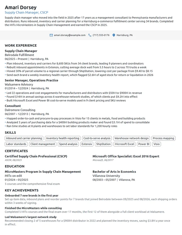 Career Change Supply Chain Manager resume example
