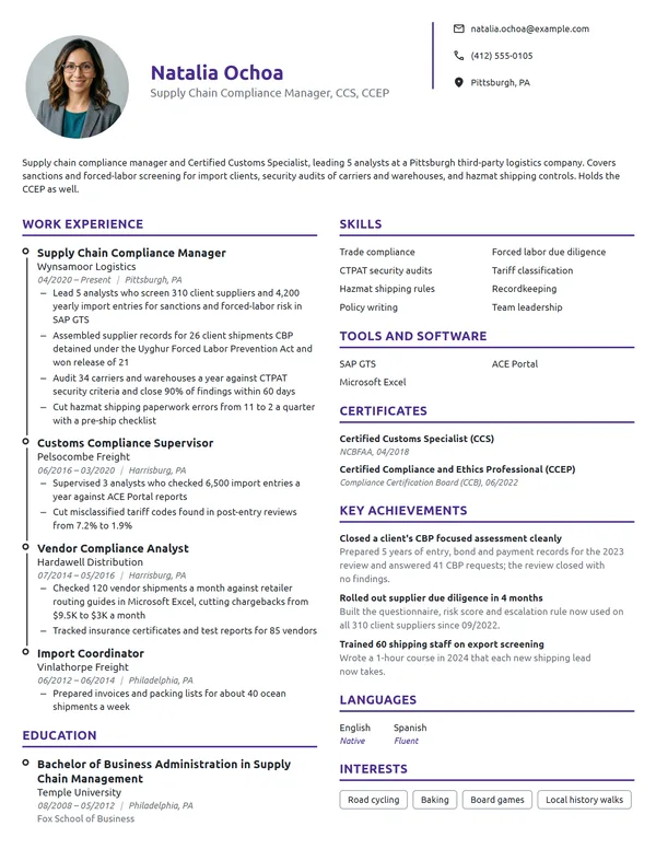 Supply Chain Compliance Manager resume example