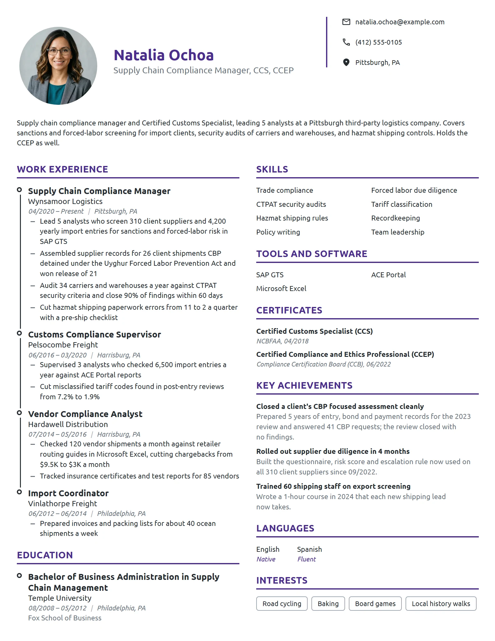 Supply Chain Compliance Manager resume example