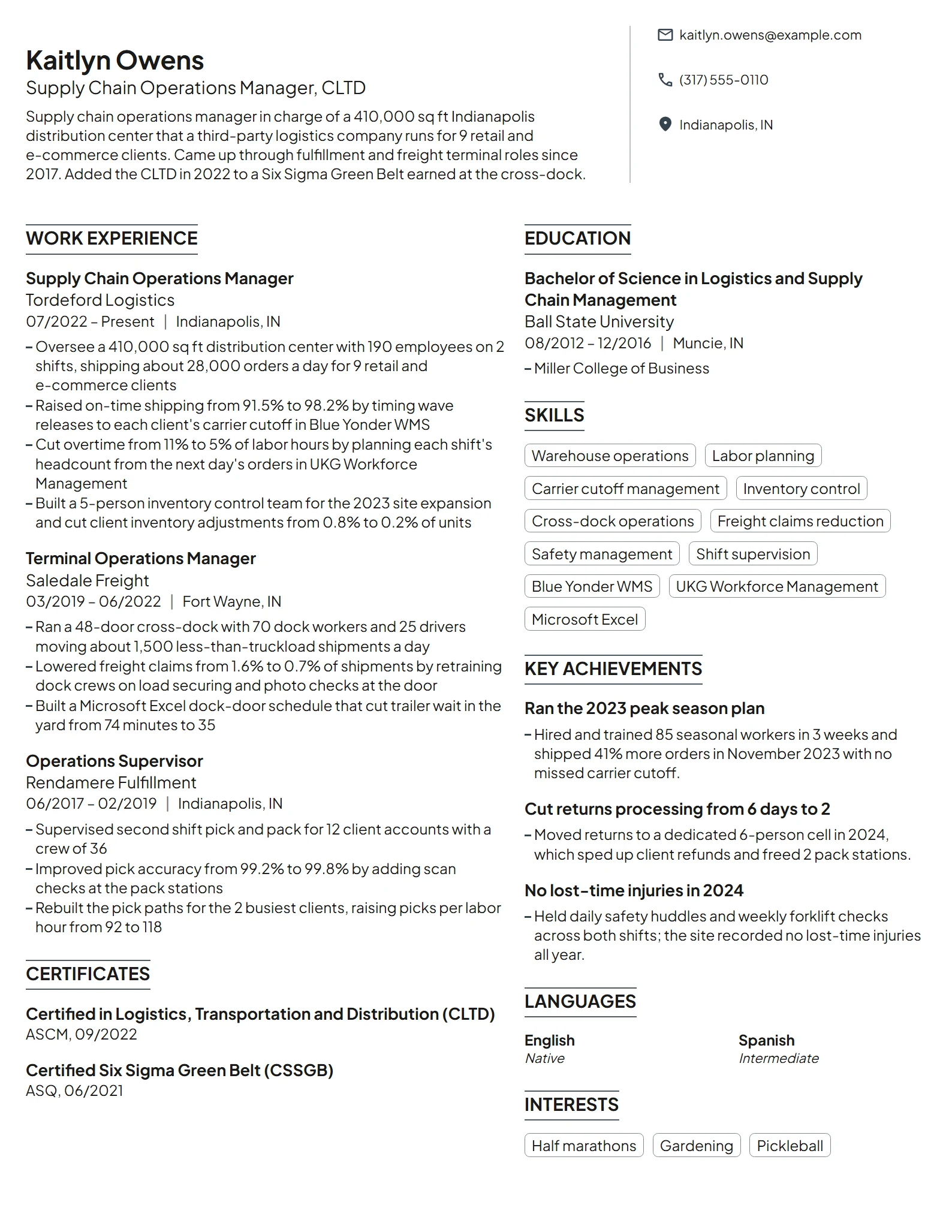 Supply Chain Operations Manager resume example