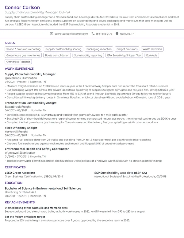 Supply Chain Sustainability Manager resume example
