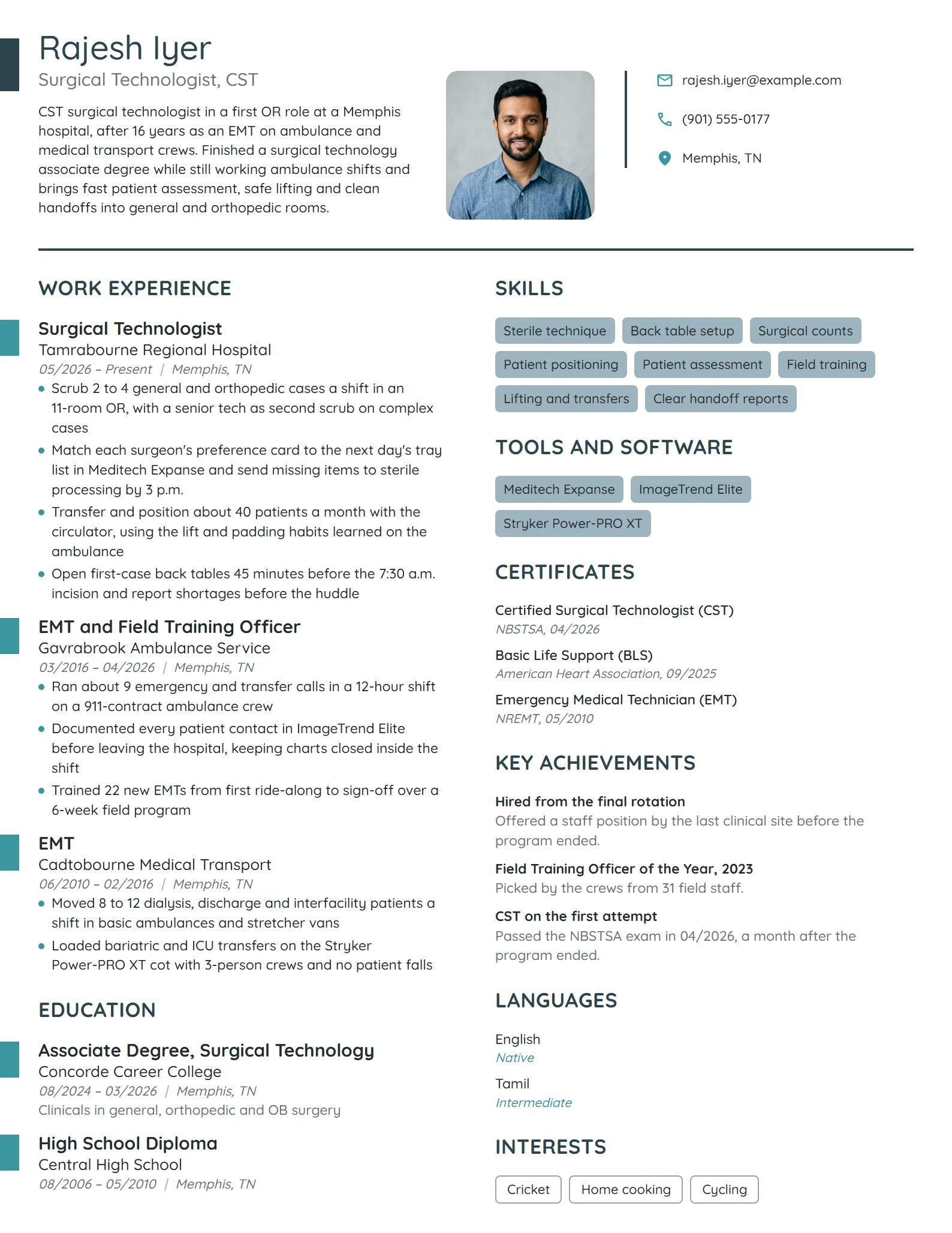 Career Change Surgical Tech resume example