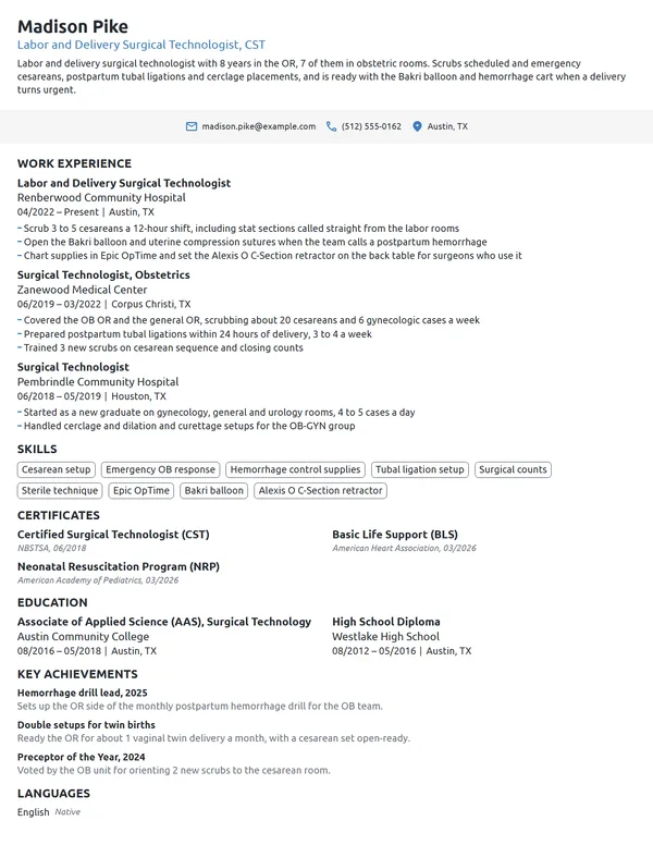 Labor and Delivery Surgical Tech resume example